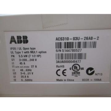 ABB ACS310-03U-26A8-2 DRIVE 7.5 HP, ACS31003U26A82 USED