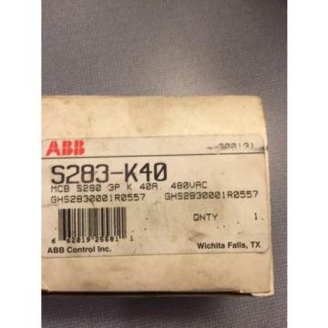 NEW ABB S283-K40 MINIATURE CIRCUIT BREAKER, 3 POLE, 40 Amp, NIB 480 VAC