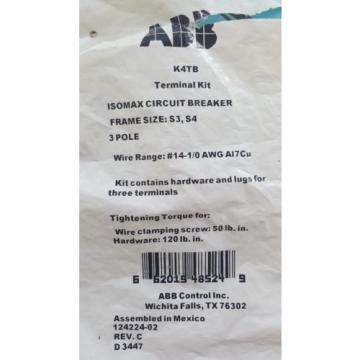 ABB K4TB terminal kit Isomax/Tmax size S3 TS3 S4 3 pole # 14-1/0 wire lot of 2