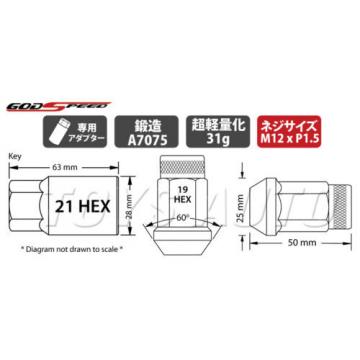 Godspeed Type4 50mm 31g RIM WHEEL LOCK LUG NUTS 12x1.5 M12 P1.5 w/ Key NEO b