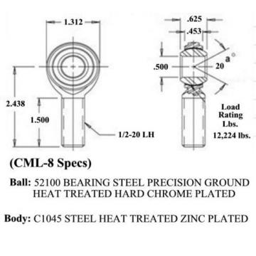 ECON 1/2 x 1/2-20 MALE LH ROD ENDS HEIM JOINTS HEIMS