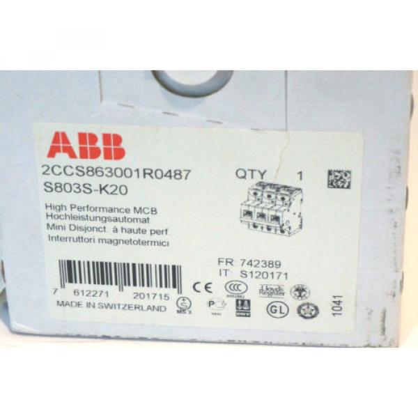 NEW ABB 2CCS863001R0487 CIRCUIT BREAKER S803S-K20 #2 image