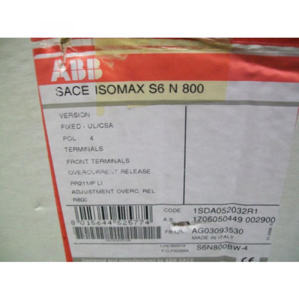 ABB Sace Isomax S6 N 800 Amp 600 Volt 4 Pole Circuit Breaker New in Box. #2 image