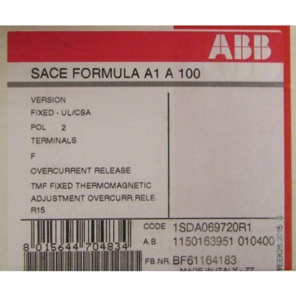 ABB SACE FORMULA A1 A 100 2 Pole 100 Amp SACE A1 Breaker 1SDA069720R1 #1 image