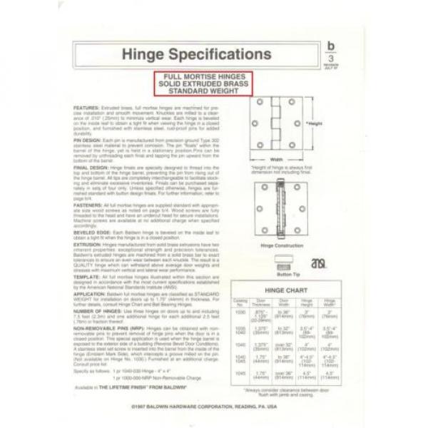 BALDWIN #1045.030.I 4.5&#034; x 4.5&#034; DOOR HINGE, PLAIN BEARING, SOLID BRASS,POLISHED #2 image