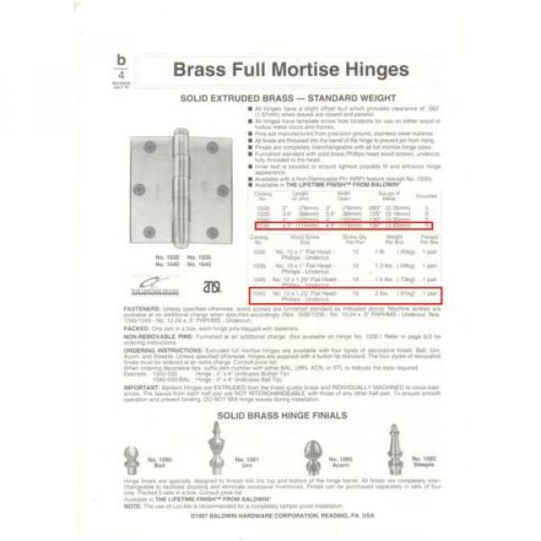 BALDWIN #1045.030.I 4.5&#034; x 4.5&#034; DOOR HINGE, PLAIN BEARING, SOLID BRASS,POLISHED #3 image